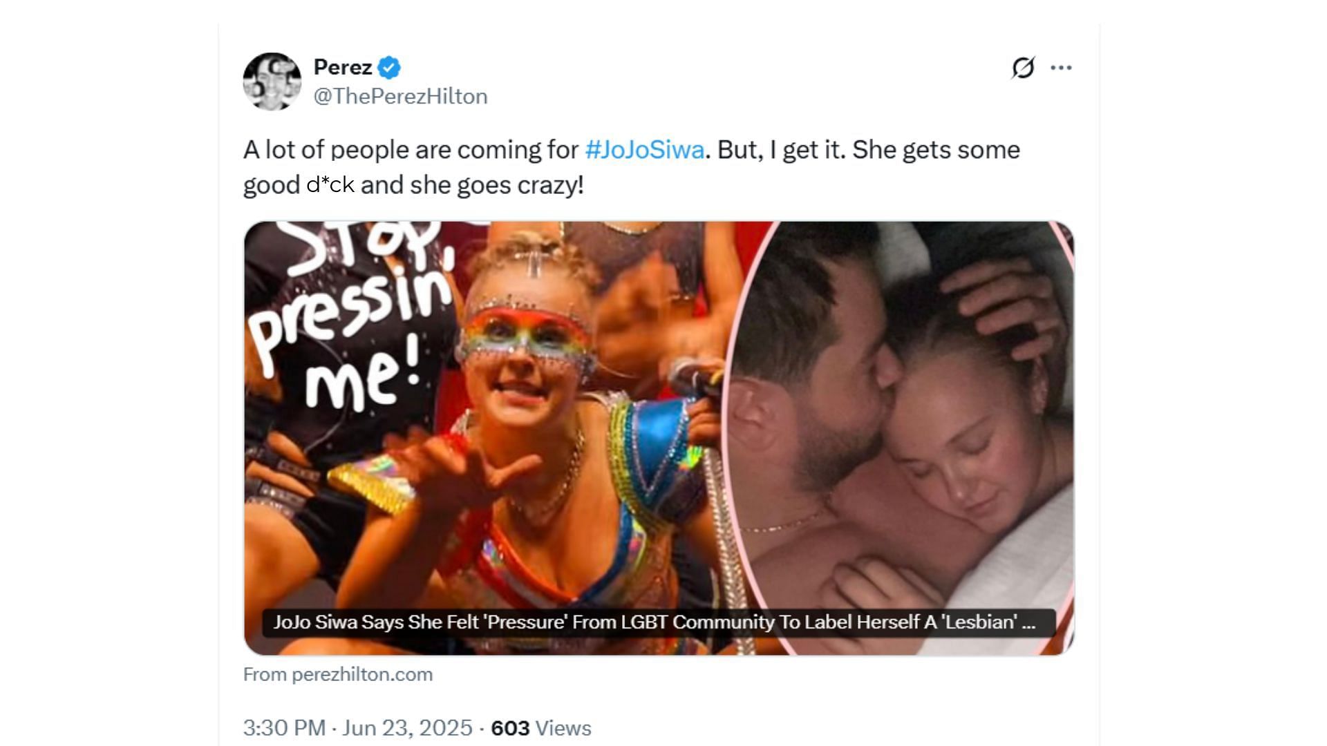 Perez Hilton reacts to JoJo Siwa's interview (Image via X/@Perez)